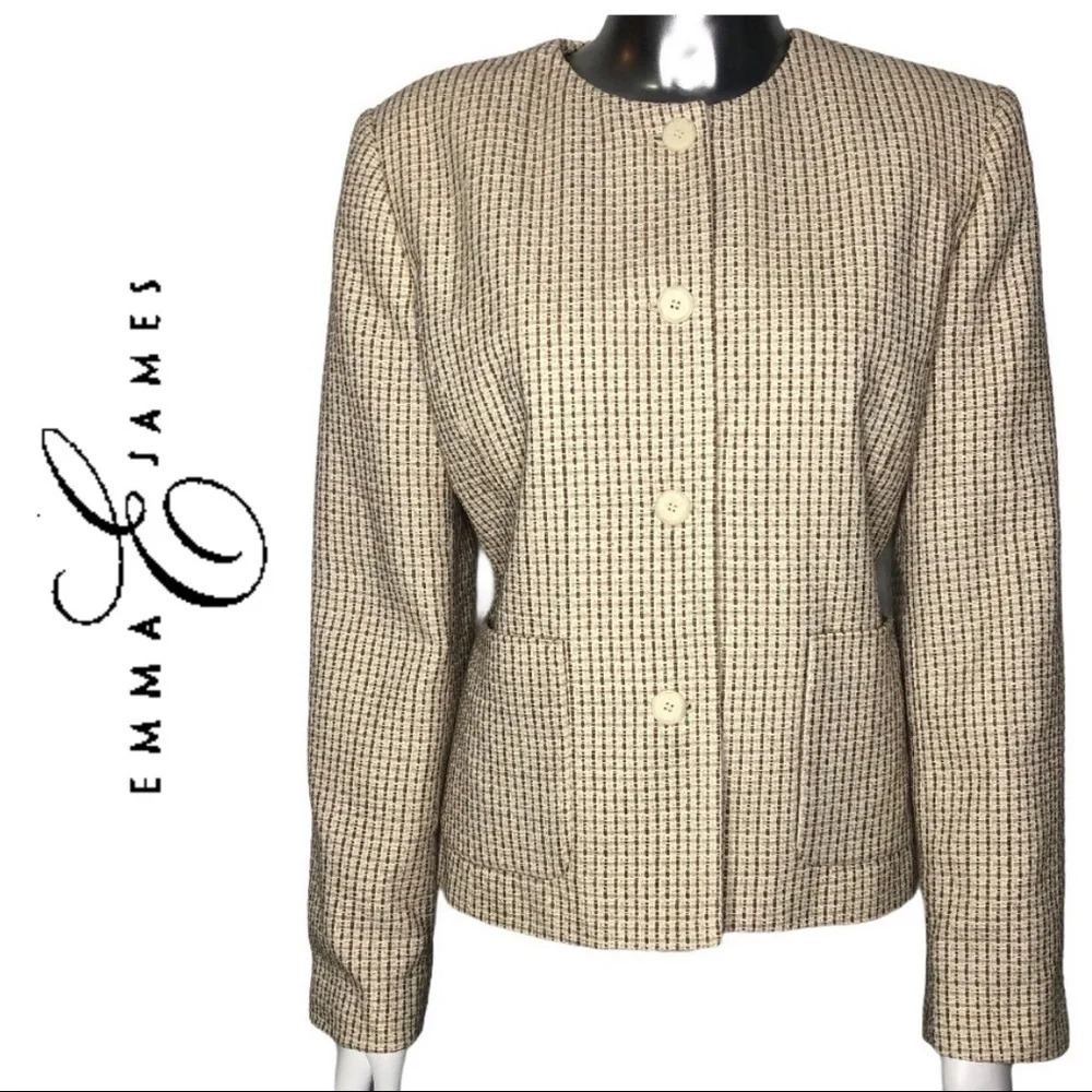 Emma James Tweed Lined Button  Front Blazer Cream Size Medium